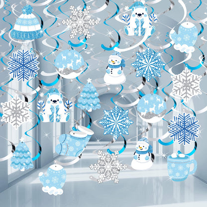 30Pcs Winter Wonderland Party Decorations Winter-Themed Hanging Swirls Snowflake Snowman Ceiling Hanging Streamers Ornaments for Xmas Wonderland Frozen New Year Birthday Party Supplies
