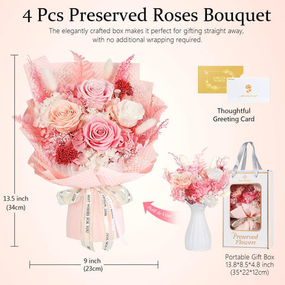 Preserved Flowers Bouquet 4 Roses - Pink Roses & Flowers for Delivery, Long-Lasting Real Roses Forever, Mothers Day Gifts for Mom Grandma Wife, Anniversary Birthday Gifts for Women