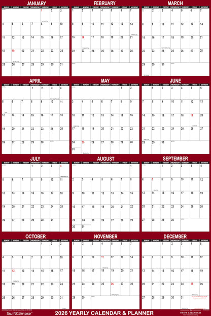 32" x 48" SwiftGlimpse 2026 Wall Calendar Erasable Jumbo XL Wet & Dry Erase Laminated 12 Month Annual Yearly Wall Planner, Reversible, Horizontal/Vertical, Maroon