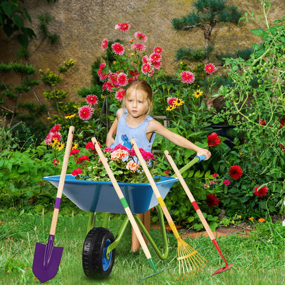 DaisyInner 5 Pcs Kids Gardening Tool Set Include Kids Wheelbarrow Metal Small Toddler Wheelbarrow Wagon with 4 Piece Kids Shovel, Rake, Hoe, Leaf Rake Wooden Gardening Tools for Boys and Girls
