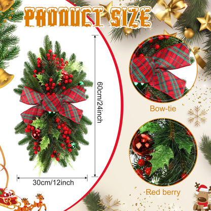 Lyrow 4 Pcs Christmas Artificial Swags 24" Xmas Stairway Swag Teardrop Trim Red Green Grid Christmas Staircase Decoration Garland for Indoor Outdoor Railing Decor(Red Green)