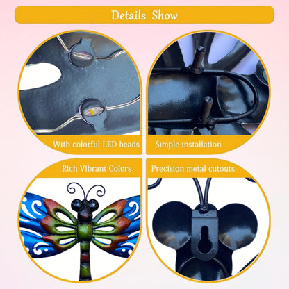 WAIU Solar LED Dragonfly Metal Wall Art, Outdoor Waterproof Garden Lights for Yard Fence Patio Outside Decor