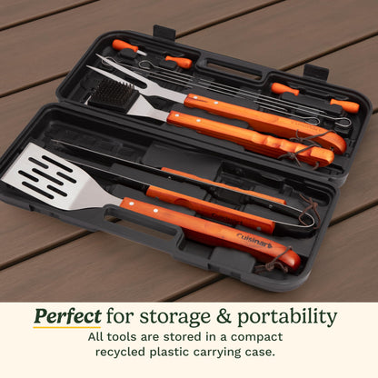 Cuisinart 13-Piece Wooden Handle Grill Tools Set, Grill Utensils Set BBQ Accessories, Durable Stainless Steel Spatula, Tongs, Cleaning Brush & More, Compact Case, Grilling Gifts for Men, CGS-W13