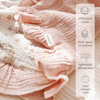 Konssy Flounce Muslin Baby Blanket for Girls Boys, 100% Cotton Soft Crib Swaddle Blankets, Reversible & Breathable Nursery Bedding for Newborns Toddlers, 40 x 36 Inches (Blossom)