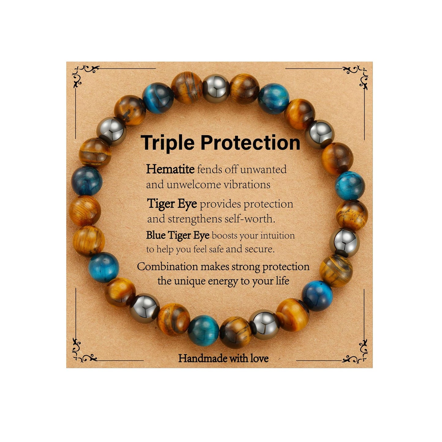Gnamy Triple Protection Beaded Bracelet Gifts for Men, Bule Tiger Eye Hematite Bracelets Christmas Birthday Valentines Anniversary Healing Sobriety Jewelry Gifts for Husband Dad Boyfriend Brother Him