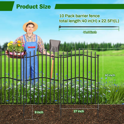 10 Panels No Dig Decorative Garden Fence with Gate - 40in H x 22.5ft L, Duty Square-Tall Heavy Duty Square Tube Animal Barrier, Rustproof Dog Fence for Outdoor Yard & Patio Protection