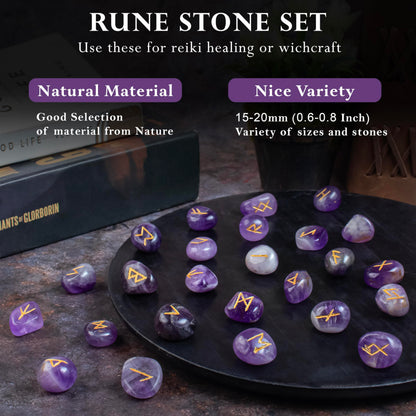 Crocon Amethyst Gemstone Rune Stones Set with Elder Futhark Alphabet Engraved Symbol 25 pcs Set for Feng Shui Chakra Balancing Reiki Healing Crystal Runes Stones Set Size: 15-20 mm