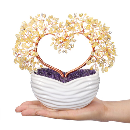GEHECRST Citrine Crystal Heart Tree Handmade Healing Crystal Gemstone Money Trees Stone Bonsai Tree Energy Feng Shui Ornament for Home Office Desk Decor Crystals Gift for Mom Mothers Day Women