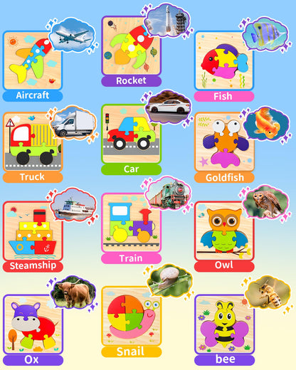 Wooden Puzzles Toddler Toys for Boys Girls, 12 Vehicle Shape Learning Educational Blocks Birthday Gifts Sensory Toy Montessori Toys
