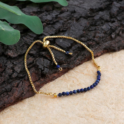 TGH Natural Lapis Lazuli Gemstone Roind Beads Bolo Bracelet Chakra Healing Crystals 14k Gold Plated Adjustable Slider Birthday Wedding Handmade 6-9 inch Christmas Gifts (Lapis Lazuli)