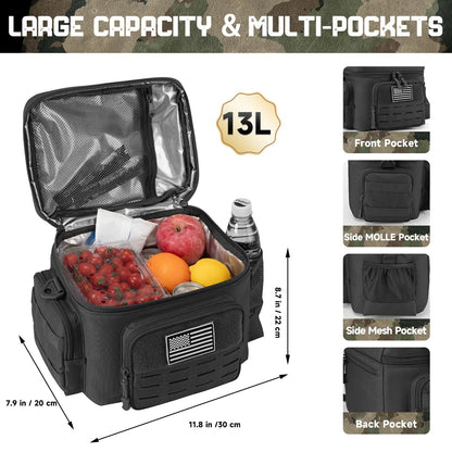 QT&QY Tactical Lunch Bag for mens Military heavy duty lunch box work Leakproof insulated Durable Thermal Cooler Bag for Adult Meal for Office Camping Picnic Pail MOLLE Webbing Black