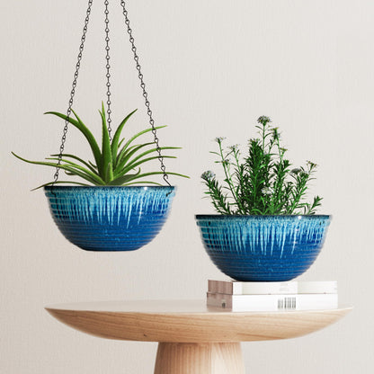 Vanslogreen 12 inch Hanging Planters for Indoor Outdoor Plants, 2 Pack Large Hanging Flower Pots with Drainage Holes and Chain, Glazed Hanging Baskets for Home Garden Decoration (Blue Flow Glaze)