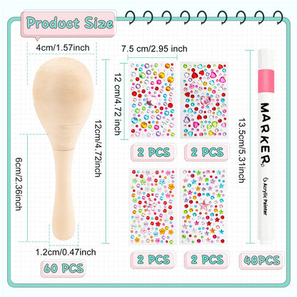 60 PCS Mini Wooden Maracas for Kids, Unfinished DIY Maracas with Multicolor Pens and Gem Stickers for Mexican Fiesta Cinco De Mayo Painting Shakers Baby Musical Toys Birthday Party Favor Supplies