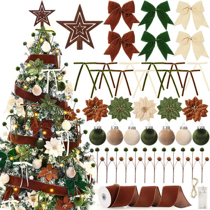 Hungdao 57 Pcs Christmas Velvet Ornament Kit 12 2.4" Velvet Balls 24 4.7" 5.9" Bow 6 4.7" Poinsettia 5.5 Yds Wide Ribbon Star Topper Lights 12 Picks for Xmas Tree Holiday Decor(Beige,Dark Green,Brown)