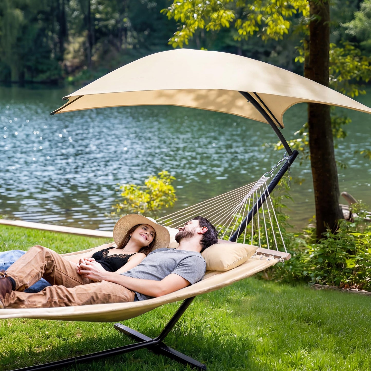 SUNCREAT Portable Outdoor Hammock with Stand, Sun-Protective Canopy, Double Hammock with Stand for Outside, Patent Pending, Beige