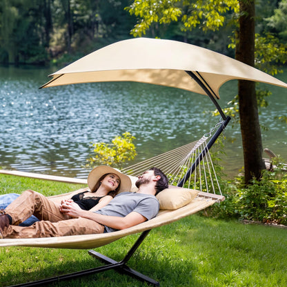 SUNCREAT Portable Outdoor Hammock with Stand, Sun-Protective Canopy, Double Hammock with Stand for Outside, Patent Pending, Beige