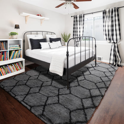 ONASAR Area Rugs for Bedroom Living Room, 4x6 Fluffy Grey and Black Rug, Shaggy Geometric Floor Mat for Home Decor Aesthetic, Soft Plush Fuzzy Carpet for Nursery Kids Teen Dorm
