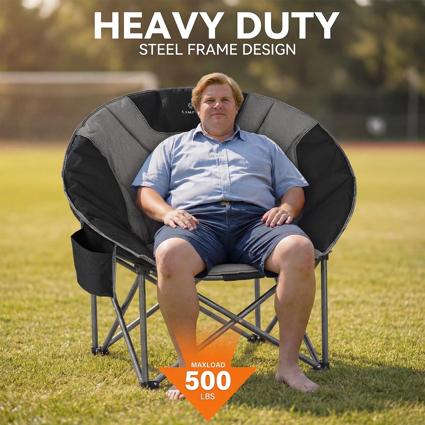 Oversized Camping Moon Chairs,Folding Round Padded Sofa Chair for Adults,Outdoor Lawn Chairs w/Side Pocket,Perfect for Indoor,Family Camping,Picnics and Garden,Black&Grey