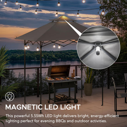 SUNJOY 8 x 5 ft. Grill Gazebo Pop Up Double Tiered Outdoor Gazebo Standing-Height Canopy with Magnetic LED Light, Adjustable Ceiling Height, for BBQ,Picnics, Outdoor Events, Gray