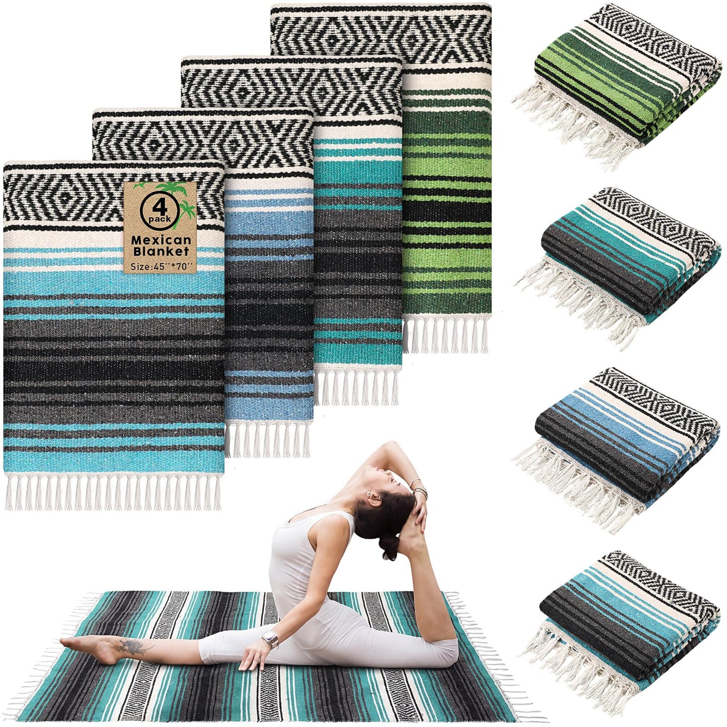 Oudain 4 Pcs Mexican Blankets Bulk Handwoven Mexican Yoga Blanket Towel Colorful Falsa Serape Woven Throw Blanket Boho Beach Blankets for Outdoor Camping Beach Picnic Travel Home (Blue Green)