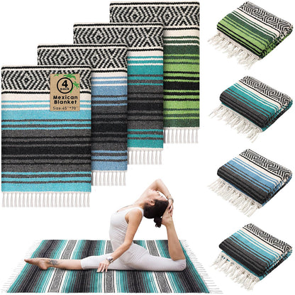 Oudain 4 Pcs Mexican Blankets Bulk Handwoven Mexican Yoga Blanket Towel Colorful Falsa Serape Woven Throw Blanket Boho Beach Blankets for Outdoor Camping Beach Picnic Travel Home (Blue Green)