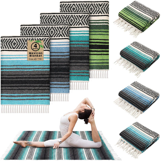 Oudain 4 Pcs Mexican Blankets Bulk Handwoven Mexican Yoga Blanket Towel Colorful Falsa Serape Woven Throw Blanket Boho Beach Blankets for Outdoor Camping Beach Picnic Travel Home (Blue Green)