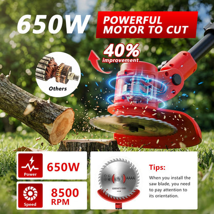 Electric Weed Wacker Cordless, 4000mAh Weed Eater Battery Powered with Wheel, 4 in 1 Grass Trimmer/Heavy Duty Brush Cutter/Lawn Edger/Weed Trimmer, No String Trimmer with Blade, 2 Battery Garden Tool