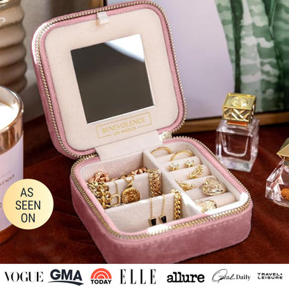 Benevolence LA Plush Velvet Jewelry Box | Travel Jewelry Case Organizer with Mirror | Featured in Oprah's Favorite Things | Best Gifts For Daughter, Girlfriend, Mom | Gifts For Her - Dusty Pink