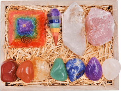 Crystals and Healing Stones Premium Kit Wooden Box - Chakra Stones Healing Crystals Set, Rose Quartz, Amethyst Cluster, Quartz Points, Chakra Pendulum (Aa Essential Chakra Pyramid Collection)