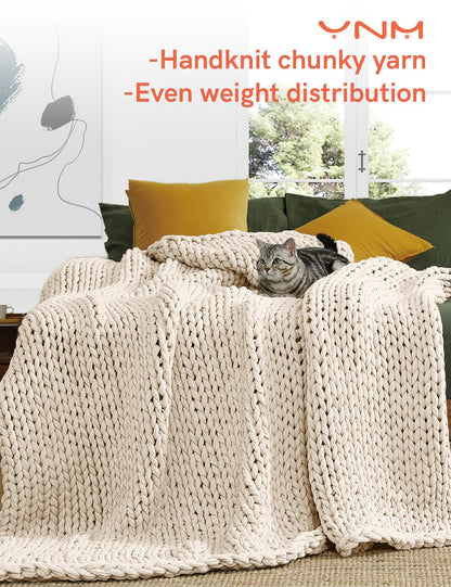 YnM Cotton Weighted Blanket, Handmade Chunky Knitted Design, Soft and Cozy, Temperature Regulating and Breathable, Machine Washable Throw for Sleep or Home Decor (Cream White, 60x80 Inch, 25lbs)