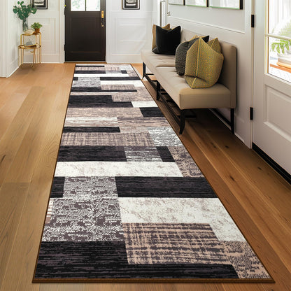 Indoor Runner Rug, Washable Runner Rug with Rubber Backing, Modern Geometric Patchwork Aesthetic Carpet for Bedroom, Living Room, Hallway, Entryway,Washable Rugs Rockwood Collection,2.7x10Ft Chocolate