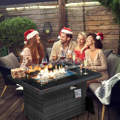 BULEXYARD PE Wicker 43" Patio Outdoor Propane Fire Pit Table with Waterproof Cover 55,000 BTU Auto-Ignition Gas Fire Pit Table with 8mm Tempered Glass Table Top and Glass Stone (Grey)