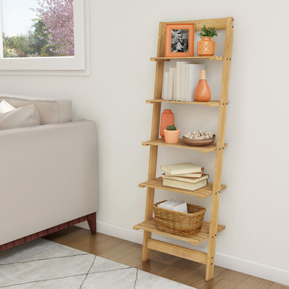 Lavish Home 5-Tier Ladder Shelf - 50-Inch Narrow Leaning Bookshelf - Wooden Bookcase for Living Room, Bathroom, Kitchen, Office, or Bedroom Furniture (Oak)