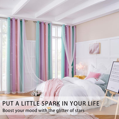 XiDi Curtains for Girls Bedroom Kids Room Unicorn Princess Theme Room Darkening 63 inches Long Wall Decals Pink Purple Green, W52 X L63