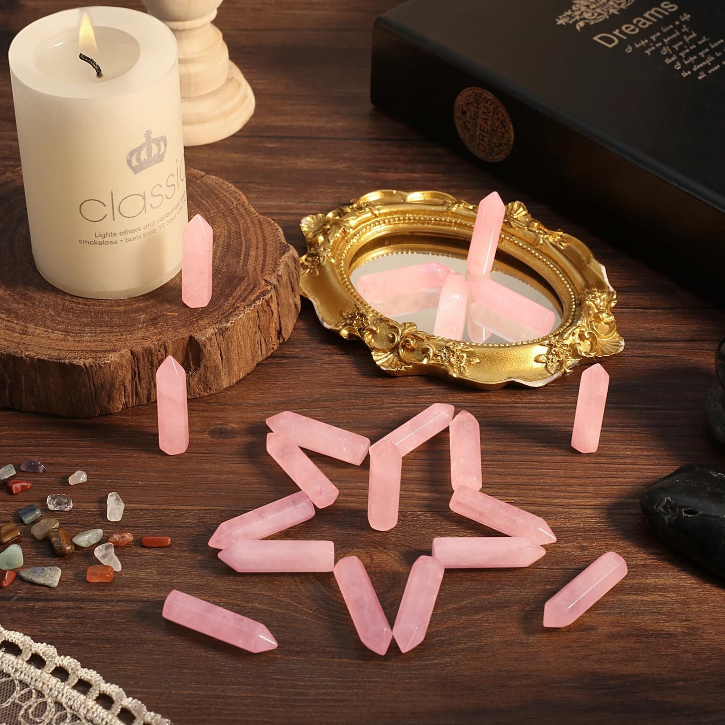 QINJIEJIE Rose Quartz 20 PCS Healing Crystals Stones Sets Wands Bulk Natural Pocket Crystal Towers Assorted Pointed Reiki Gemstones Polished Energy Meditation Chakra Gifts for Women Men