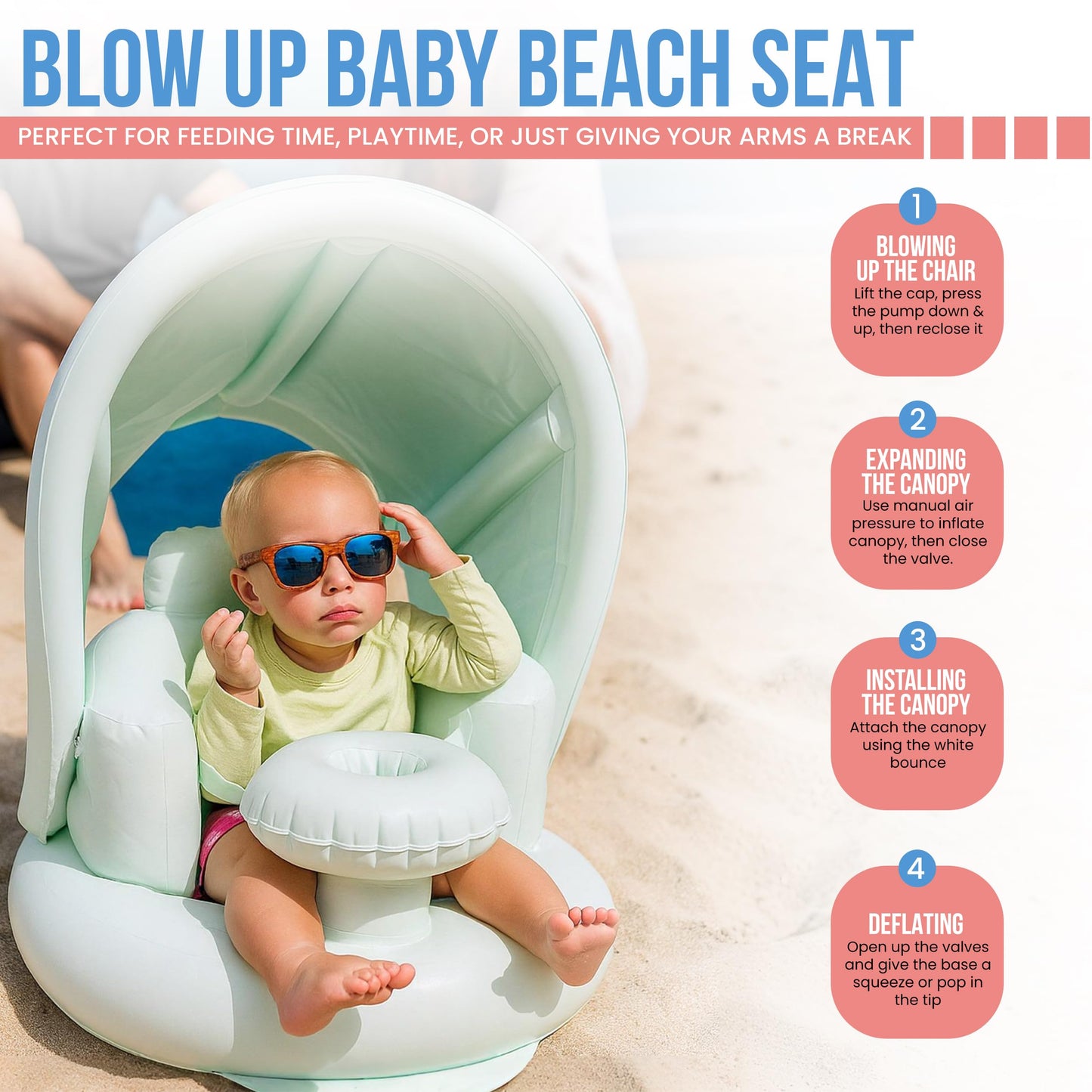 Inflatable Baby Seat for 3-36 Months w/Built-in Pump & Detachable Canopy, Sit Me Up Floor Seat for Baby w/Safety Straps, Inflatable Baby Chair, Indoor/Outdoor Blow Up Chair is Ideal Summer Gift