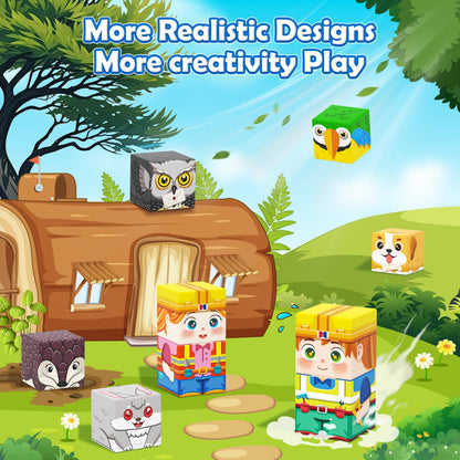 Matchtiles Magnetic Blocks with Animals, Magnetic Building Blocks Magnet Cube Toys Stacking, Build Forest World Set, STEM Montessori Sensory Toys for Gifts (100 Forest Animals)