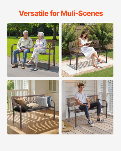 VEVOR Outdoor Bench, 50 inch, Carbon Steel Metal Frame with PVC Floral Pattern Backrest and Round Edge Armrests, Weatherproof Outside Bench for Patio, Garden, Park, Yard, Front Porch, Antique Bronze