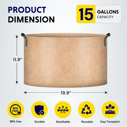 iPower 15 Gallon 5 Pack Grow Bags Nonwoven Fabric Pots Aeration Container with Strap Handles for Garden and Planting, 5-Pack Tan, 15 Gallon
