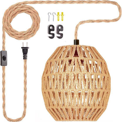 Maliralt Hanging Lamps Rattan Pendant Light Hanging Lights 16.4ft Plug in Cord Pendant Light Fixture Plug Into Wall Outlet Pendant Lighting with On Off Switch for Bedroom Living (Egg Shade)