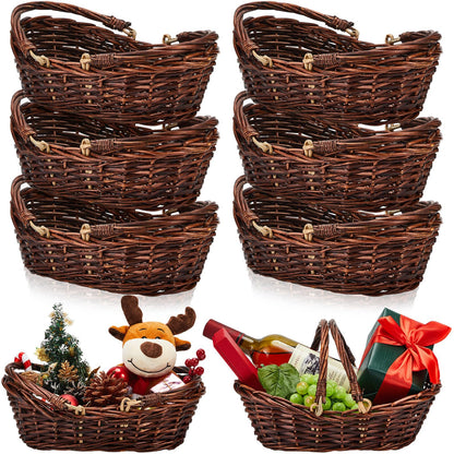 Sintuff 6 Pcs Wicker Picnic Basket with Handle Garden Harvest Empty Easter Eggs and Candy Basket Oval Willow Woven Storage for Organizing, Fruit Egg Storage Gathering Wedding Gifts (Dark Brown)