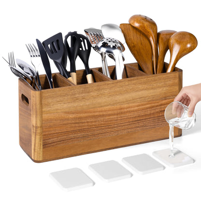 HousewoW Wooden Utensil Holder for Kitchen Counter, Cooking Utensils Holder for Countertop, Kitchen Utensils Holder for Countertop, Large Utensil Holder for Kitchen Counter (Brown, 4 Compartment)
