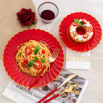 Ciaell 175 PCS Red Scalloped Plastic Plates with Gold Trim - Red Plastic Silverware with Handle - Fancy High-End Dinnerware Sets for Wedding & Party & Mother's Day