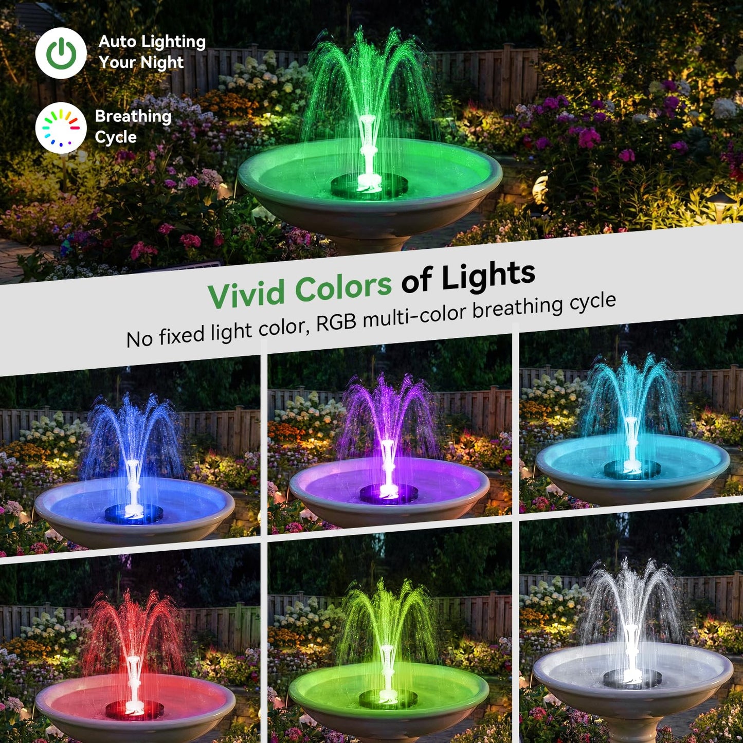 Antfraer 8W Solar Fountain Pump Built-in 3600mAh Battery & LED Lights, Solar Powered Water Pump with Double-Layer Nozzle & 5ft Tubing, Solar Water Fountain For Bird Bath Pond Garden DIY Water Features