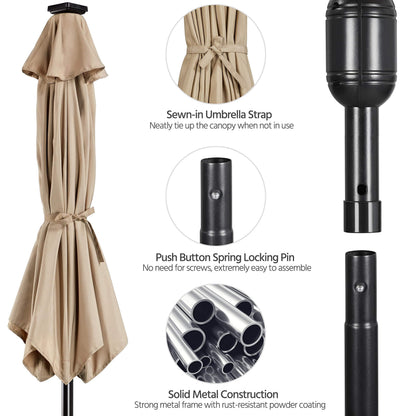 Yaheetech 9FT Solar Powered Patio Umbrella - UV Protection Market Table Umbrella w/ 32 LED Lights & Push Button Tilt & Crank Lift System for Garden/Lawn/Deck/Backyard/Pool,Tan