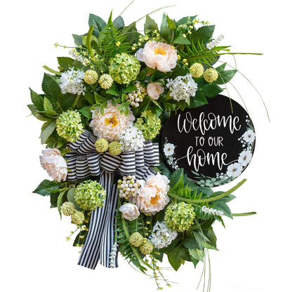 Spring Summer Wreaths for Front Door, Half Circle Summer Wreath with Hydrangea & Peony, Striped Bow & Welcome Sign – 24 Inch Indoor/Outdoor Seasonal, Housewarming & Festive Spring Door Wreath Decor