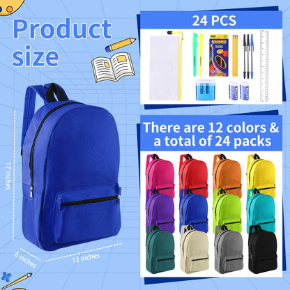 Quuhooki 12 Set Bulk Backpacks with School Supply Kit 17 Inch Book Bags in Bulk and Back to School Supplies Stationery Kit for Kids Boy