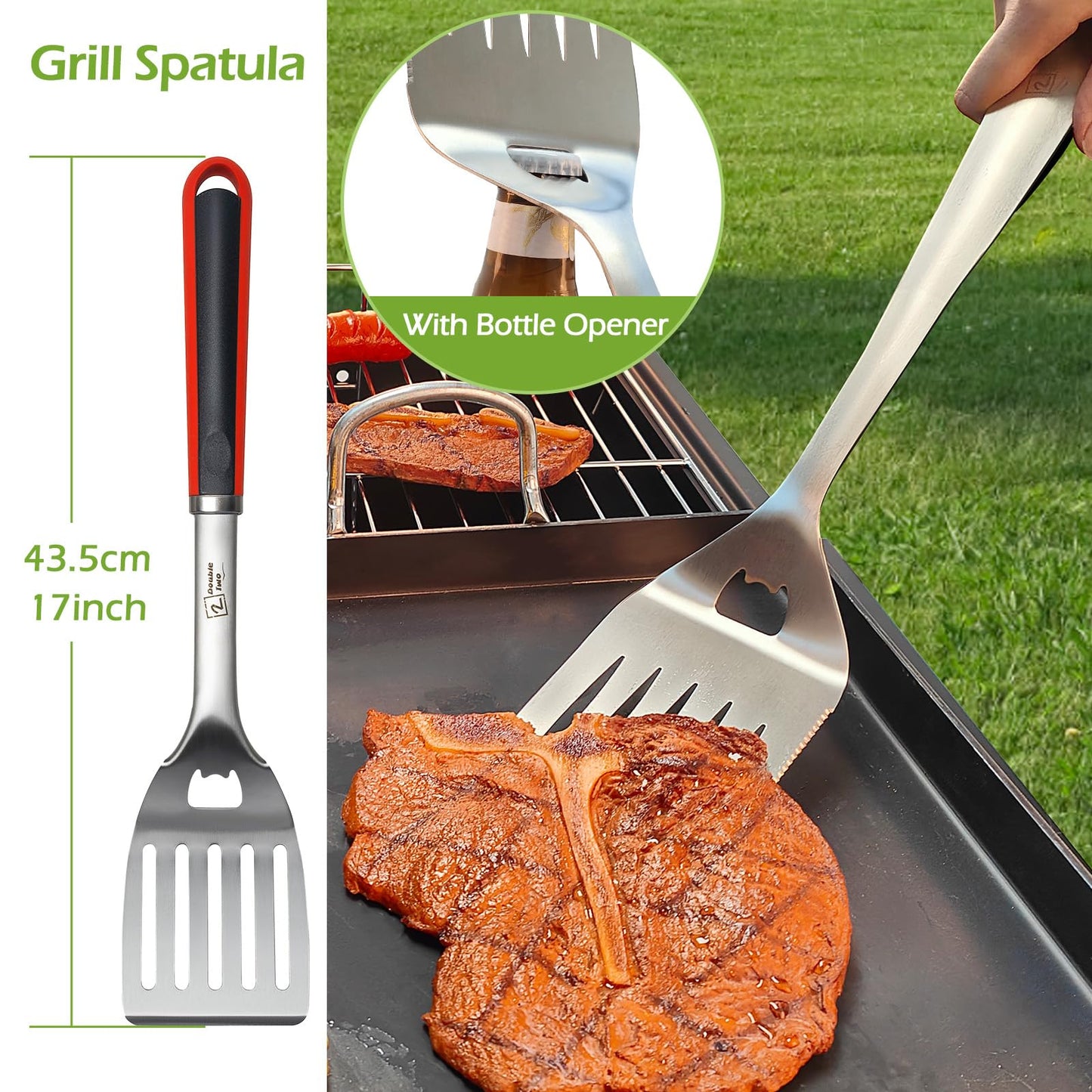 Double Two 4-Piece Stainless Steel BBQ Tool Set - Tong, Fork, Spatula, Brush - Utensils for Grill - Tools for Outdoor Grilling- BBQ Kits