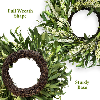 Greenery Spring Wreath for Front Door, 26 Inch Large Wreath with Artificial Eucalyptus Leaves and Cream Ear of Grain, All Season Spring Wreath for Wedding Rustic Modern Farmhouse Home Decor