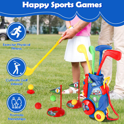 SUPER JOY Toddler Golf Set, Kids Golf Cart with 4 Clubs & 8 Balls, Indoor Outdoor Kid Golf Clubs for 3-5 Boys Girls, Mini Golf Birthday Gifts for Baby 3-5 Years Old